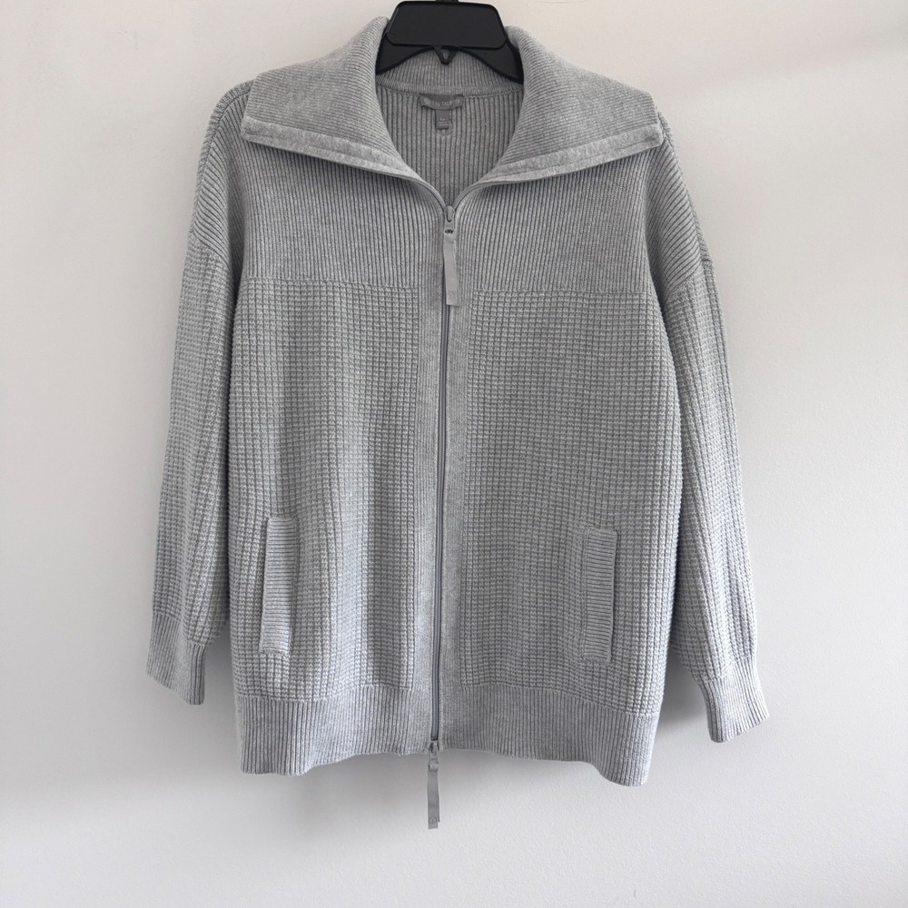 T by Talbots Cardigan Waffle Knit Women LP Grey Full Zip Funnel Neck Pocket